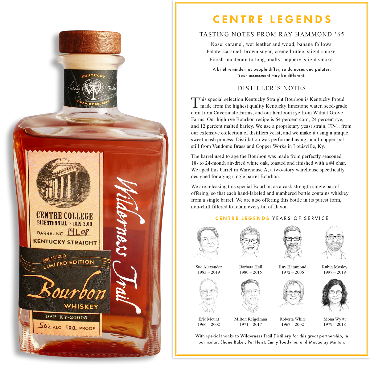 Wilderness Trail Single Barrel Centre College Bicentennial Bourbon with tasting notes card